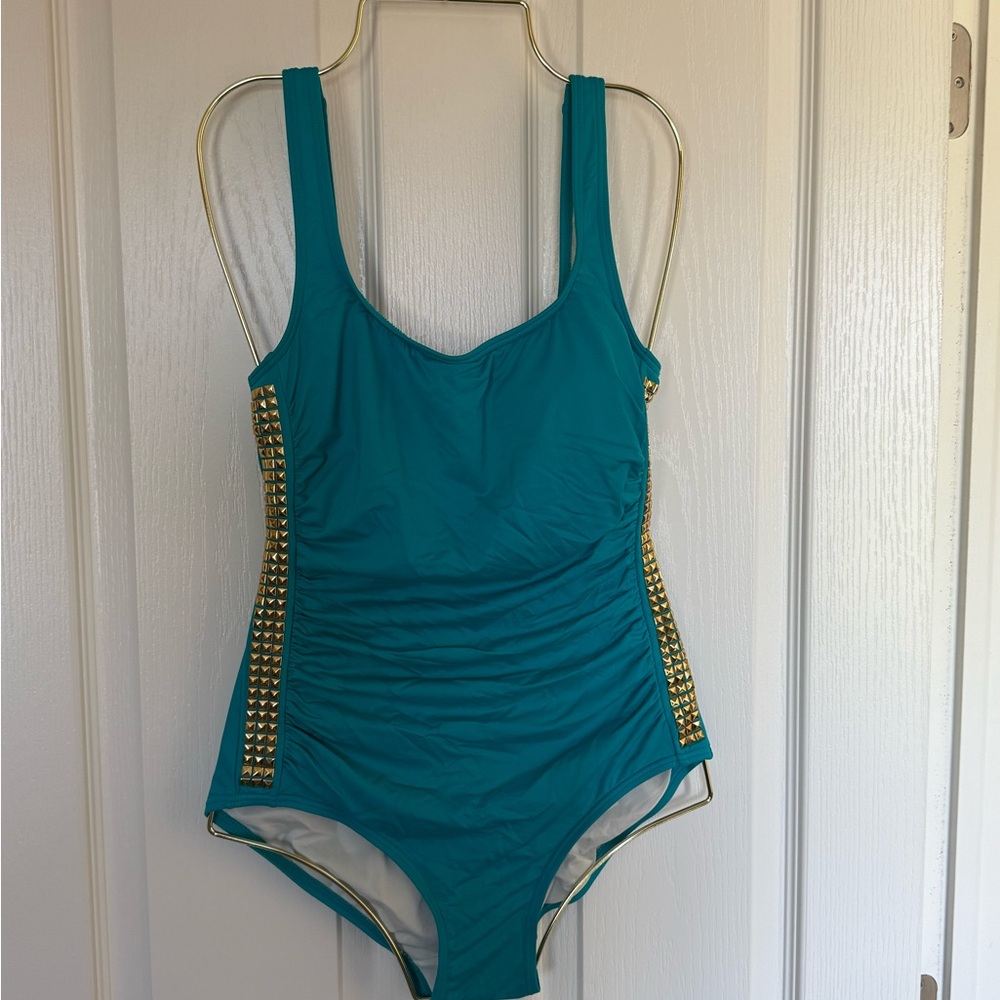 Blue and Gold One Piece Swimsuit with Ruching and Metallic Accents